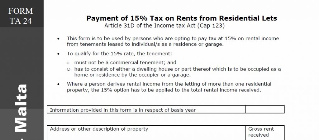 Malta | Tax on Residential Rentals Basis 2015 - TA24 - 30th June 2016